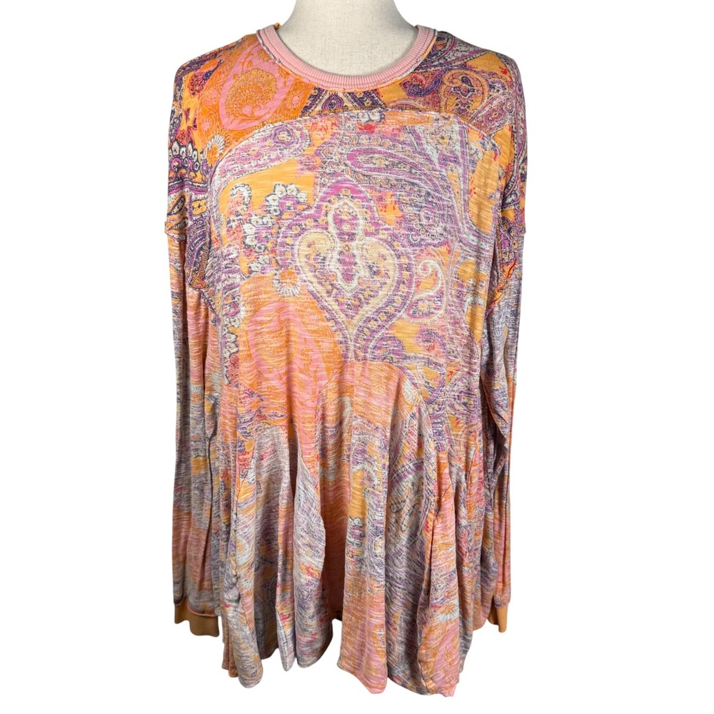 Free People Paisley Babydoll Top Womens Size Small Orange Cotton Boho Peplum Tee